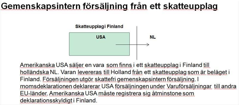 Amerikanska USA säljer en vara som finns i ett skatteupplag i Finland till holländska NL. Varan levereras till Holland från ett skatteupplag som är beläget i Finland. Försäljningen utgör skattefri gemenskapsintern försäljning. I momsdeklarationen deklarerar USA försäljningen under Varuförsäljningar till andra EU-länder. Amerikanska USA måste registrera sig åtminstone som deklarationsskyldigt i Finland.