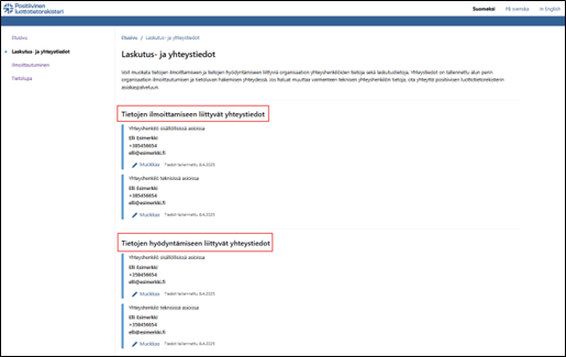Yhteystietojen päivittäminen sivulla Laskutus- ja yhteystiedot.