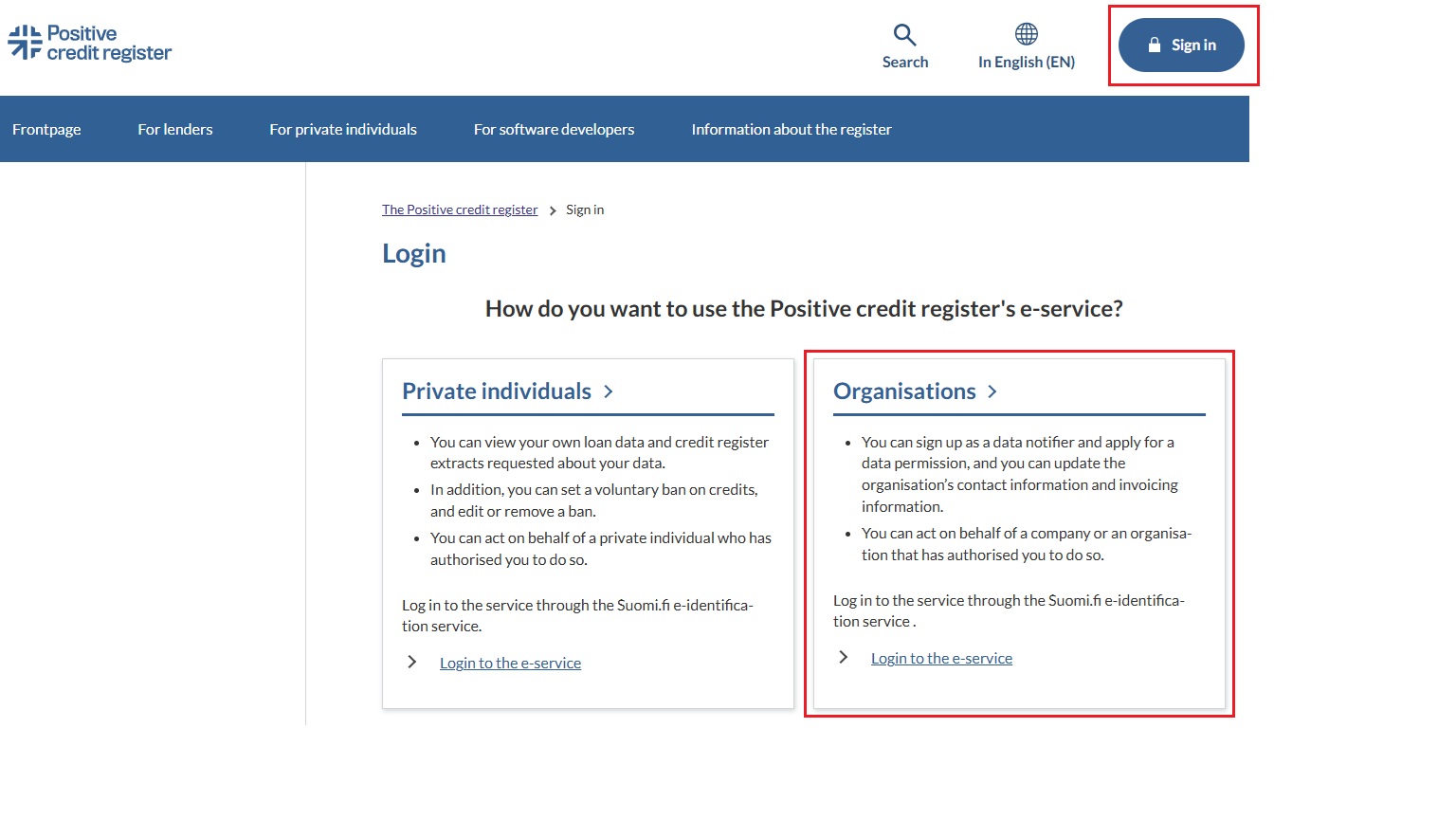 Logging in to the e-service for organisations.