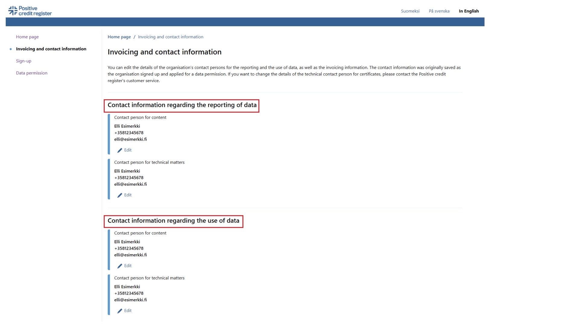 Updating of contact information on the Invoicing and contact information page.