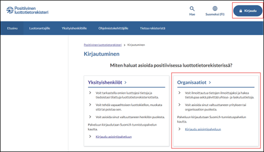 Kirjautuminen organisaation sähköiseen asiointipalveluun