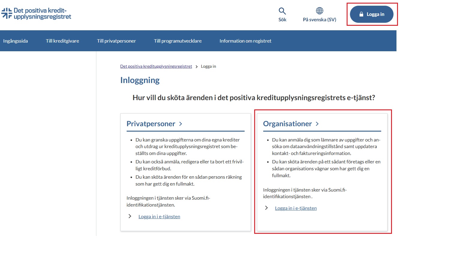 Inloggning i e-tjänsten för organisationer