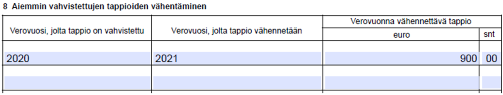 Kohta: Verovuosi, jolla tappio on vahvistettu, täytä 2020. Kohta: Verovuosi, jolta tappio vähennetään, täytä 2021. Kohta: Verovuonna vähennettävä tappio euroa, täytä 900 euroa 00 senttiä.
