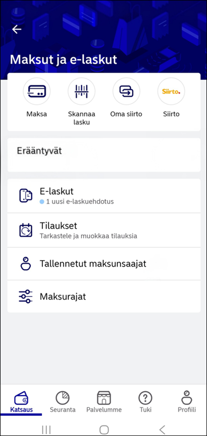 Kuvakaappaus Nordean mobiilipankista. E-laskuehdotus n&auml;kyy Maksut ja e-laskut -osiossa kohdassa "E-laskut".