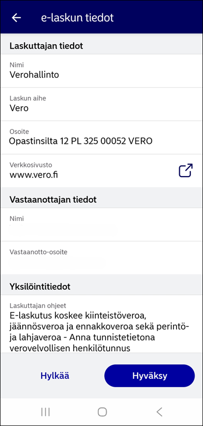 Nordean mobiilipankista otettu kuvakaappaus, jossa näkyy e-laskuehdotuksen tiedot. Tiedoissa näkyy, että ehdotus on Verohallinnon lähettämä ja siinä kerrotaan myös, mitä veroja e-laskulla voi maksaa.
