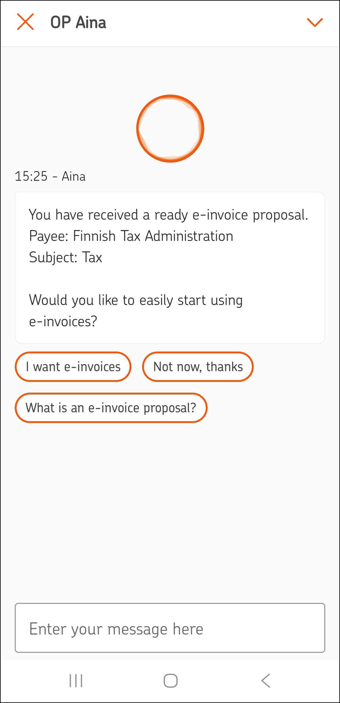 Screenshot from the OP mobile app. OP Mobile’s personal assistant, OP Aina, notifies you when you have received an e‑invoice proposal from the Finnish Tax Administration.