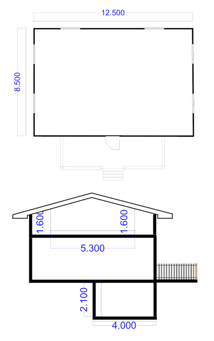 Bild 1 visar en enkel planritning f&ouml;r en byggnad med sadeltak. Byggnaden visas uppi-fr&aring;n och fr&aring;n gavelsidan. Uppifr&aring;n sett &auml;r byggnadens yttre m&aring;tt 12,5 meter g&aring;nger 8,5 meter. Fr&aring;n gavelsidan ser man att byggnaden har en k&auml;llare, en f&ouml;rsta v&aring;ning p&aring; mar-kniv&aring; och en andra v&aring;ning som gr&auml;nsar till taket. K&auml;llaren &auml;r 2,1 meter h&ouml;g och 4 meter bred. Andra v&aring;ningens h&ouml;jd begr&auml;nsas av ett sadeltak som sluttar ned&aring;t. Utrymmet i andra v&aring;ningen med en takh&ouml;jd p&aring; minst 160 centimeter &auml;r 5,3 meter brett.