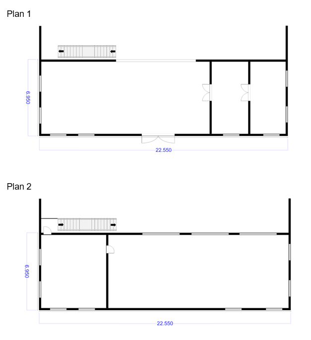 Bild 7 visar planritningen f&ouml;r ena &auml;ndan av en industribyggnad sedd uppifr&aring;n. Av ritningen framg&aring;r det att &auml;ndan av byggnaden har en del med rum i tv&aring; v&aring;ningar. De yttre m&aring;tten f&ouml;r denna del &auml;r 6,95 meter g&aring;nger byggnadens bredd 22,55 meter. Annars har byggnaden en v&aring;ning.