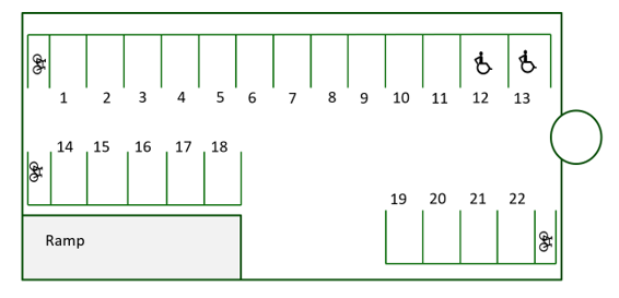 Bild 9 visar den &ouml;versta v&aring;ningen av ett parkeringshus uppifr&aring;n. D&auml;r finns 22 parkeringsplatser, av vilka 2 &auml;r bredare parkeringsplatser f&ouml;r r&ouml;relsehindrade. Dessutom finns det 3 separata platser f&ouml;r mindre fordon som cyklar och motorcyklar. Dessutom upptas en del av ytan av rampen mellan den &ouml;versta v&aring;ningen och v&aring;ningen nedanf&ouml;r samt det utrymme som &auml;r avsett f&ouml;r att k&ouml;ra bil och g&aring;.