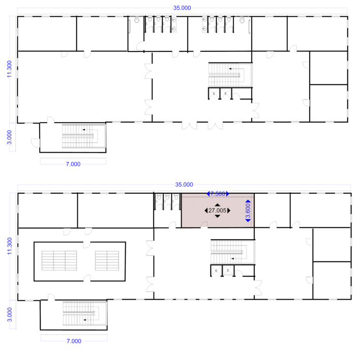 Kuvassa 4 on kaksikerroksisen toimistorakennuksen molempien kerrosten pohjapiirustus ylh&auml;&auml;lt&auml;p&auml;in kuvattuna. Rakennus on muuten suorakaiteenmuotoinen, mutta siin&auml; on ulokkeena porrask&auml;yt&auml;v&auml;osa. Rakennuksen suorakaiteenmuotoisen osan pituus ulkomitoin on 35 metri&auml; ja leveys 11,3 metri&auml;. Porrask&auml;yt&auml;v&auml;osan pituus ulkomitoin on 7 metri&auml; ja leveys 3 metri&auml;. Toisen kerroksen kuvasta ilmenee, ett&auml; siell&auml; on palo-osioitu varastohuone, jonka pituus sis&auml;mitoin on 7,5 metri&auml; ja leveys 3,6 metri&auml;.