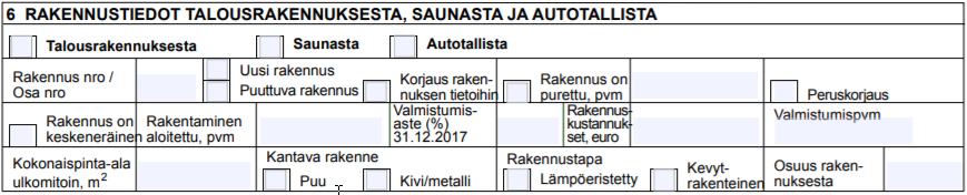 Rakennustiedot talousrakennuksesta saunasta ja autotallista
