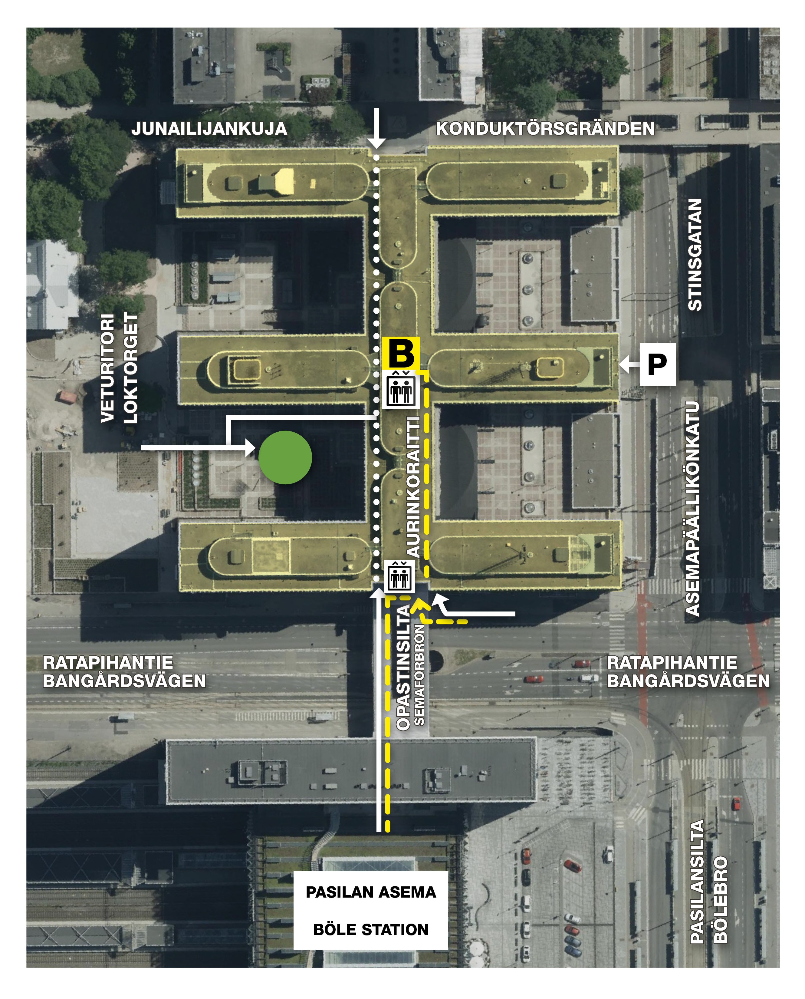 Bangårdsvägen 7 (ingång via Loktorget). Obehindrad passage via Semaforbron (Aurinkoraitti), med B-hissen till våning K1.