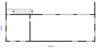 Bild 7 visar planritningen för ena ändan av en industribyggnad sedd uppifrån. Av ritningen framgår det att ändan av byggnaden har en del med rum i två våningar. De yttre måtten för denna del är 6,95 meter gånger byggnadens bredd 22,55 meter. Annars har byggnaden en våning.