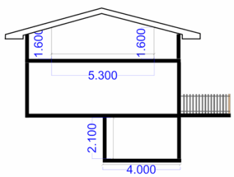 Bild 1 visar en enkel planritning för en byggnad med sadeltak. Byggnaden visas uppi-från och från gavelsidan. Uppifrån sett är byggnadens yttre mått 12,5 meter gånger 8,5 meter. Från gavelsidan ser man att byggnaden har en källare, en första våning på mar-knivå och en andra våning som gränsar till taket. Källaren är 2,1 meter hög och 4 meter bred. Andra våningens höjd begränsas av ett sadeltak som sluttar nedåt. Utrymmet i andra våningen med en takhöjd på minst 160 centimeter är 5,3 meter brett.