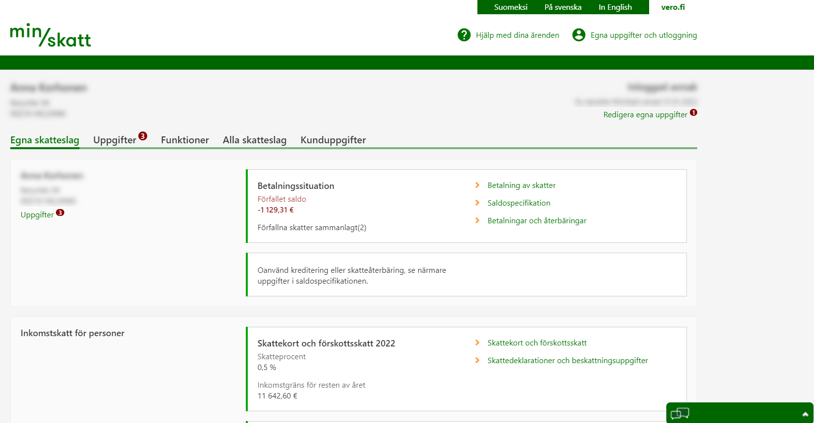 Ingångssidan i MinSkatt för personkunder.