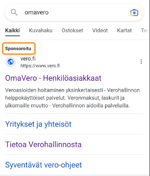 Huijaussivusto Googlen hakutuloksien kärjessä, kun hakusanana on käytetty OmaVeroa. Huijauksen tunnistaa Sponsoroitu-tekstistä.