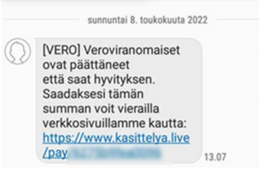 Example of a smishing message in Finnish.