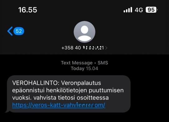 Tekstiviestihuijaus, miss&auml; teksti: VEROHALLINTO: Veronpalautus ep&auml;onnistui henkil&ouml;tietojen puuttumisen vuoksi. vahvista tietosi osoitteessa https://veros-katt-vah...