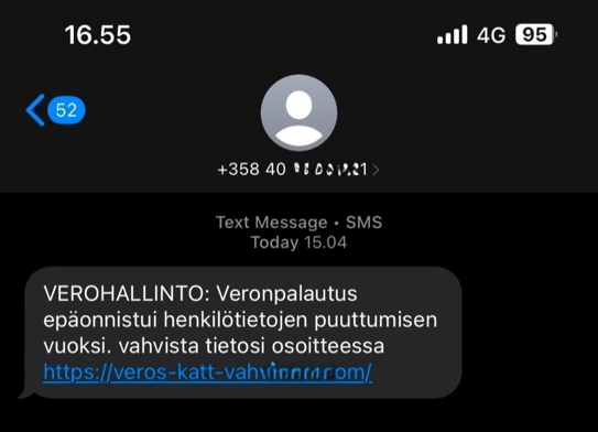 Ett falskt textmeddelande med denna text p&aring; finska: VEROHALLINTO: Veronpalautus ep&auml;onnistui henkil&ouml;tietojen puuttumisen vuoksi. vahvista tietosi osoitteessa https://veros-katt-vah...