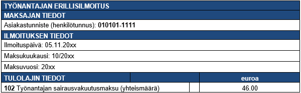 Kuvassa on esimerkki työnantajan erillisilmoituksesta.